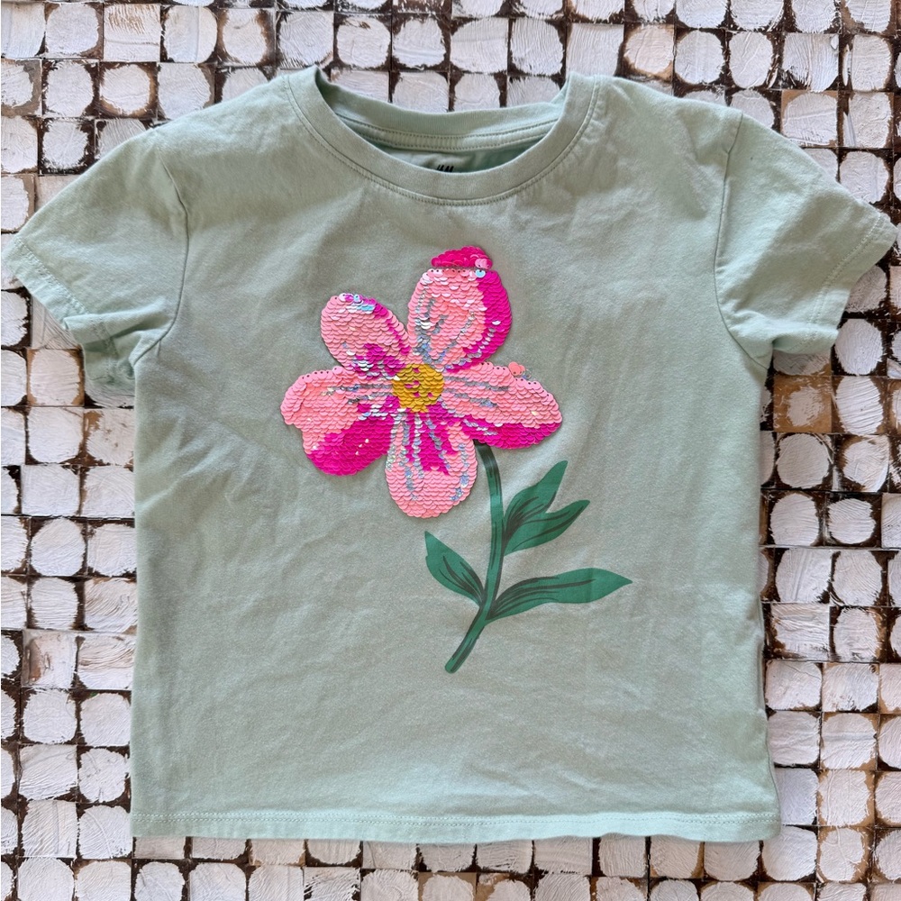 H&M Green Tee with Pink Sequin Flower